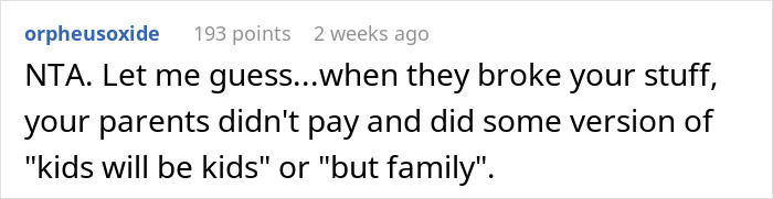 Text comment discussing siblings breaking items, with parents excusing it as "kids will be kids" or "but family. Text comment discussing siblings breaking items, with parents excusing it as "kids will be kids" or "but family.