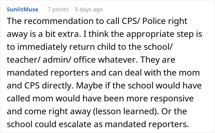 Comment discussing approach to returning a child to school, emphasizing mandated reporters, without involving police.