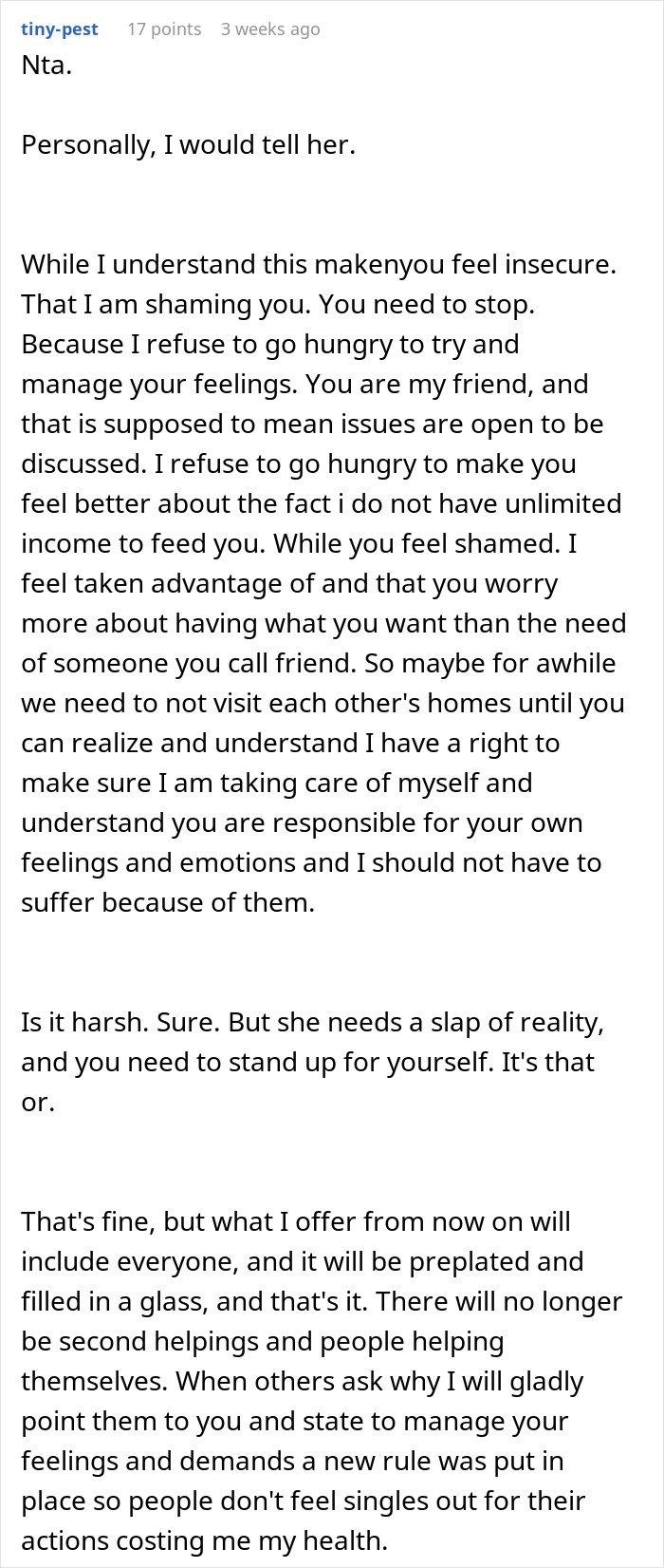 Text exchange discussing a woman's confrontation with a friend over eating $60 of groceries regularly.