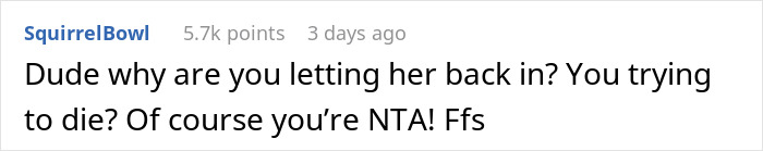 Comment in response to BIL's visit, affirming "NTA," with 5.7k points, posted 3 days ago, tagged SquirrelBowl.