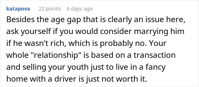 Comment questioning the motives in a sugar daddy relationship, mentioning age gap and financial transaction.