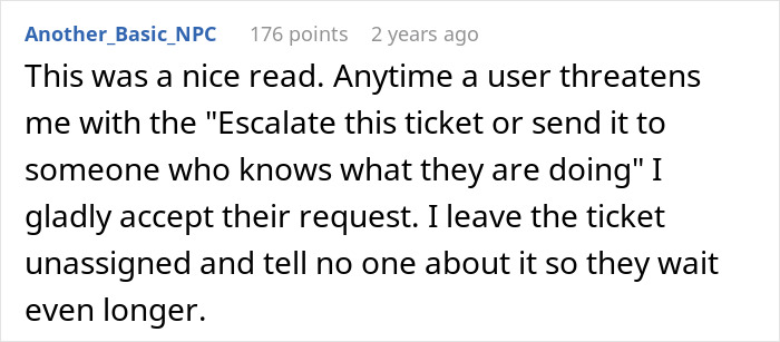 Text exchange about a demanding client's ticket escalation request, leading to unintended delays.