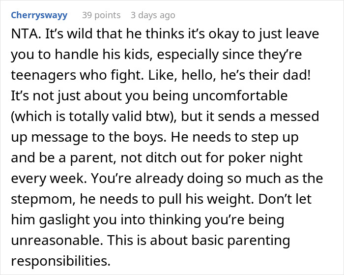 A Reddit comment discussing parenting responsibilities and a husband's role with stepkids. A Reddit comment discussing parenting responsibilities and a husband's role with stepkids.