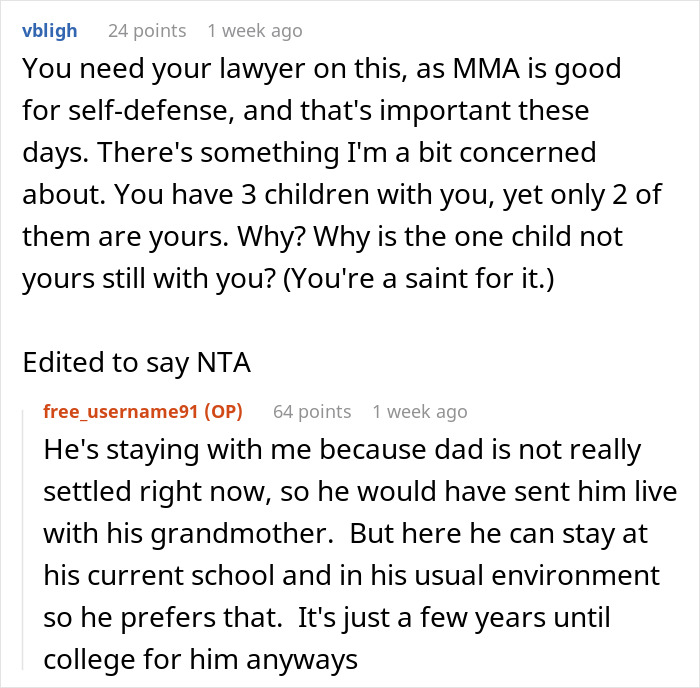 Discussion about kids' MMA classes being aggressive, with parents exchanging views on custody and environment stability.