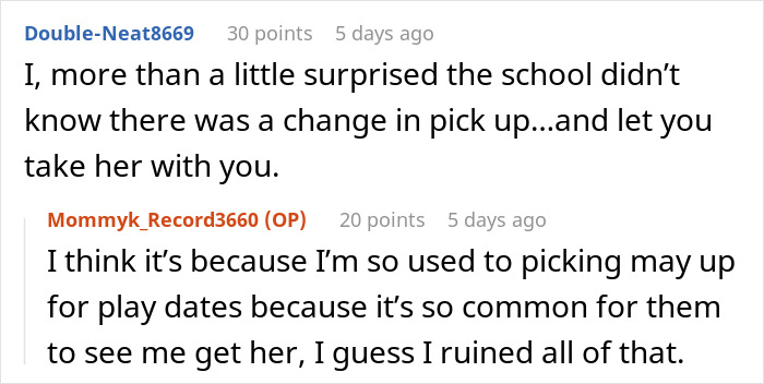 Discussion on school pick-up confusion due to past play dates.