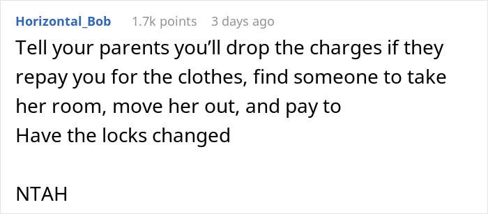 A comment discussing a sibling conflict over clothes and potential arrest.