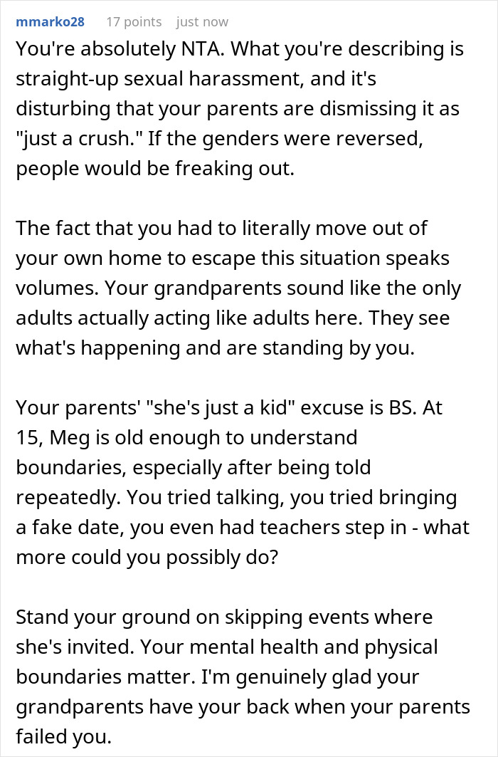 Reddit comment discussing teen&rsquo;s escape from harassment, criticizing parents for dismissing it as a prank.