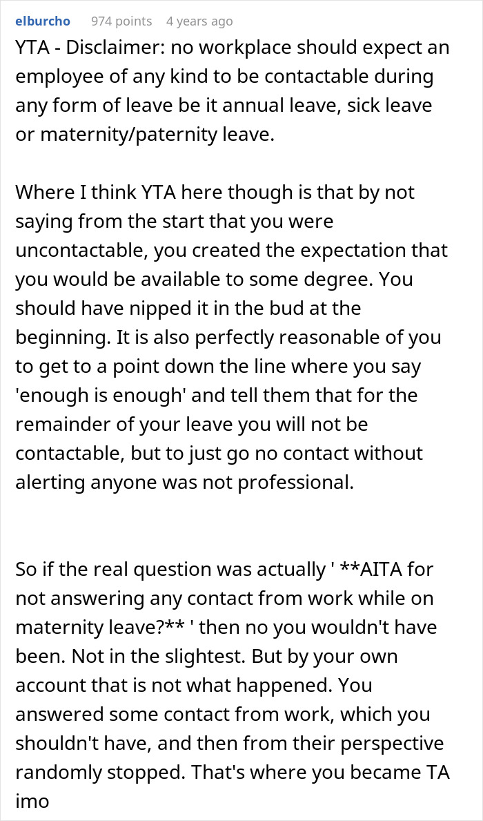 Reddit comment discussing work expectations during maternity leave, emphasizing employee contactability. Reddit comment discussing work expectations during maternity leave, emphasizing employee contactability.