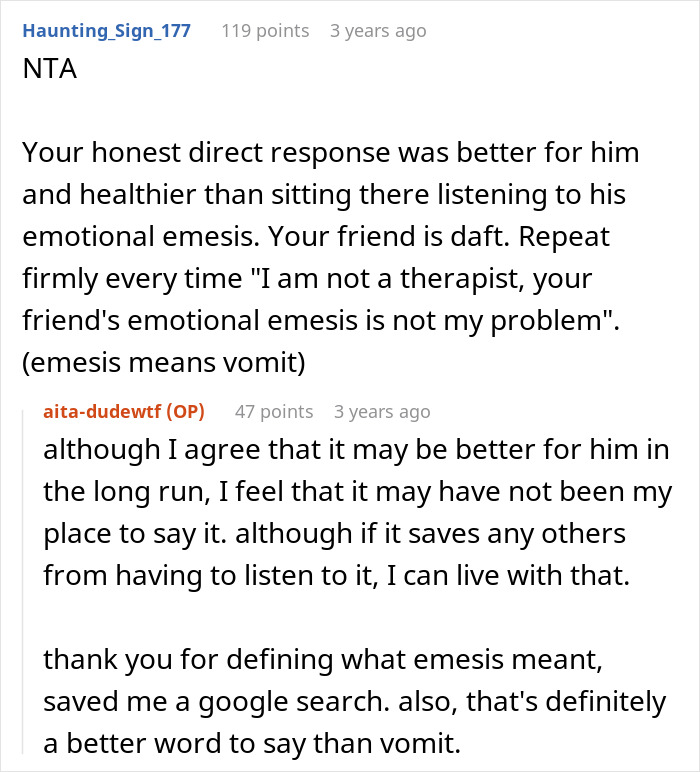 Reddit comments discussing a woman's response saying, "I'm not a therapist," after a guy overshared.
