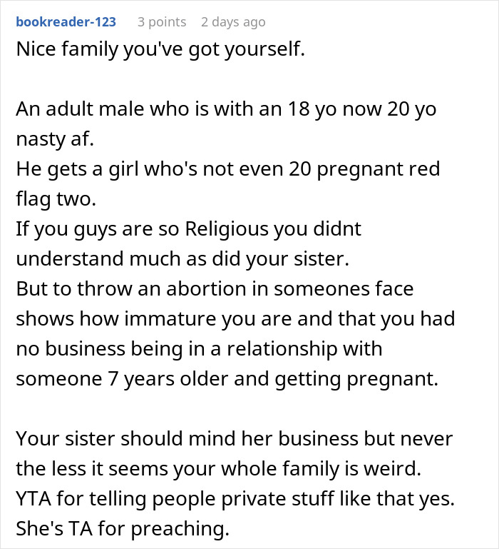Text screenshot of a comment about a Christian sister berating a woman for pregnancy. Text screenshot of a comment about a Christian sister berating a woman for pregnancy.