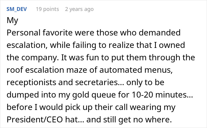Text from a forum post about a client's ticket escalation demand and the boss's humorous response.