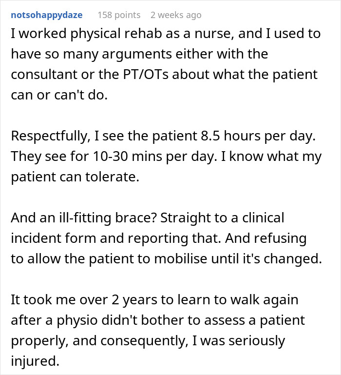 Comment discussing frustrations with physical rehab and the lasting physical consequences caused by an accident. Comment discussing frustrations with physical rehab and the lasting physical consequences caused by an accident.