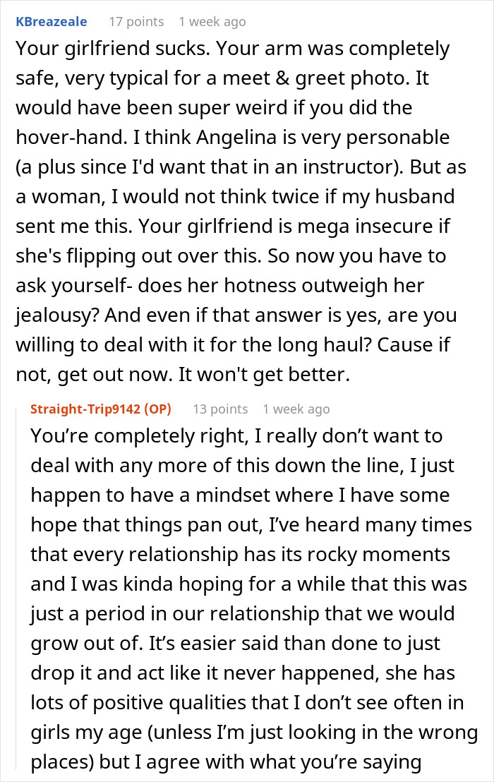 Text exchange about a woman's reaction to a boyfriend's group photo, sparking a discussion on jealousy. Text exchange about a woman's reaction to a boyfriend's group photo, sparking a discussion on jealousy.