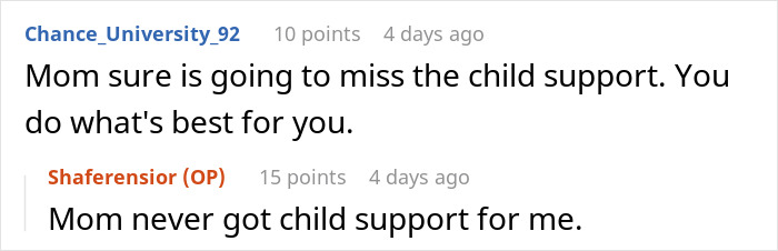 Discussion on choosing dad's house in online comments, mentioning child support.