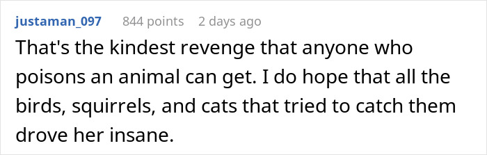 Reddit comment discussing revenge on a neighbor who poisoned cats.