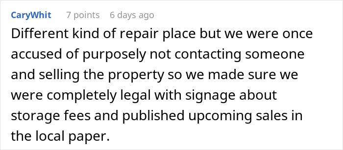 Text about a repair place taking legal steps with signage and local paper notices regarding unclaimed property sale.