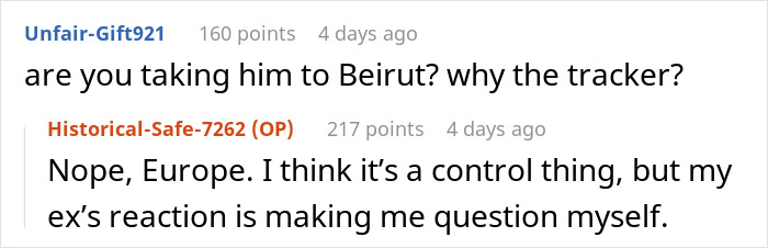 Online discussion about mom planning Europe trip with 8-year-old son and ex demanding AirTag to track the child&rsquo;s location.