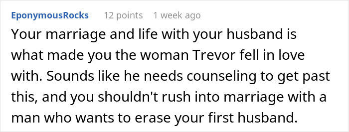 Online comment about tattoo from late husband impacting future marriage.