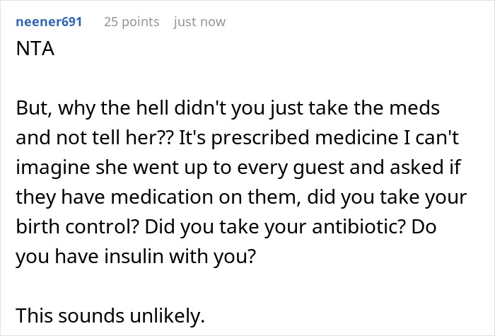 Reddit comment discussing anxiety pills and wedding drama, questioning why prescribed meds weren't taken discreetly.