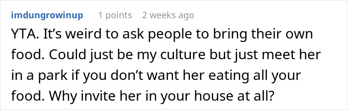 Text comment about asking a friend to bring food instead of eating someone's groceries.