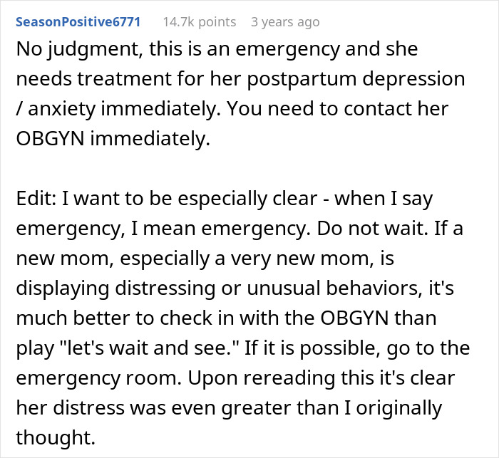 Text from Reddit post about postpartum emergency related to newborn care and wife&rsquo;s mental health.