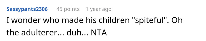 Comment screenshot discussing discomfort at dad's engagement dinner, mentioning children and an adulterer.