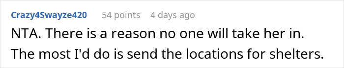 Reddit comment discussing reasons for not helping, suggesting shelter locations instead. Reddit comment discussing reasons for not helping, suggesting shelter locations instead.