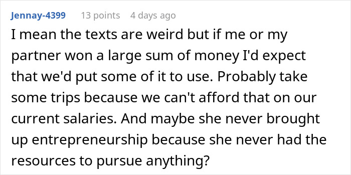 Text from a user expressing thoughts on financial expectations in relationships and entrepreneurship challenges.