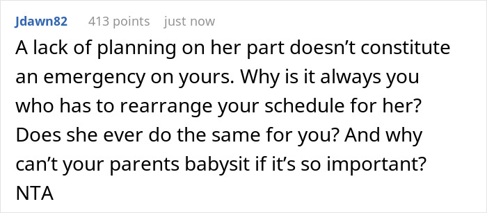 Comment discussing babysit responsibilities and balancing sister&rsquo;s kids with work and dinner plans.