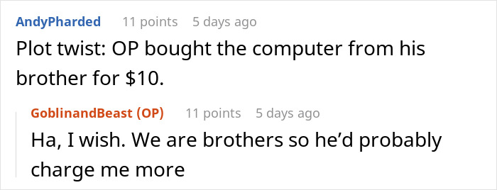 Text discussion about a student&rsquo;s laptop being sold after months, mentioning a humorous plot twist about a brother's deal.