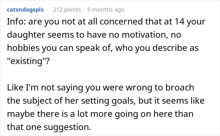 Reddit comment questioning a teen's lack of motivation, hobbies, and goal setting.