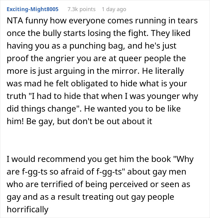 Text conversation discussing anger at queer people and recommending a book on being afraid of being perceived as gay.