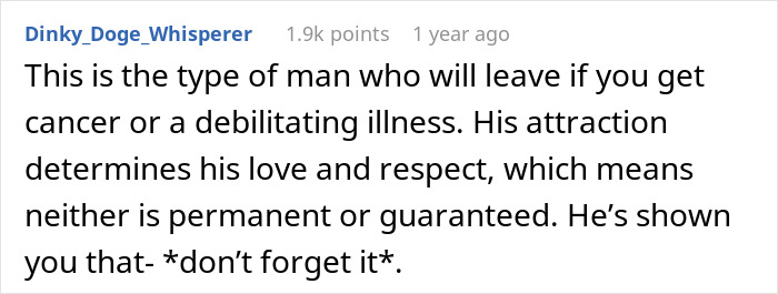 Comment on relationship doubts after weight loss, suggesting love based on attraction isn't guaranteed. Comment on relationship doubts after weight loss, suggesting love based on attraction isn't guaranteed.