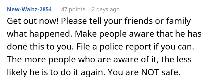 Screenshot of an online comment advising to tell friends and family about a parking garage prank for safety awareness.