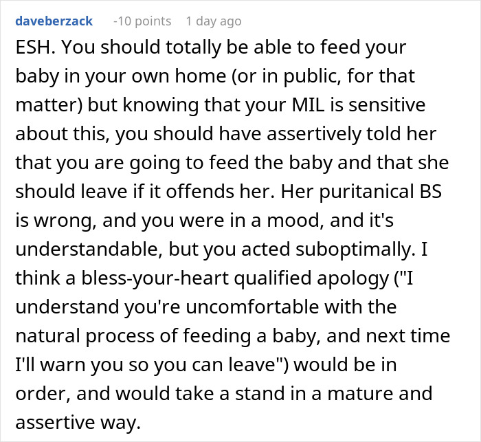 Text comment discussing a woman's assertiveness in breastfeeding, considering sensitive family dynamics.