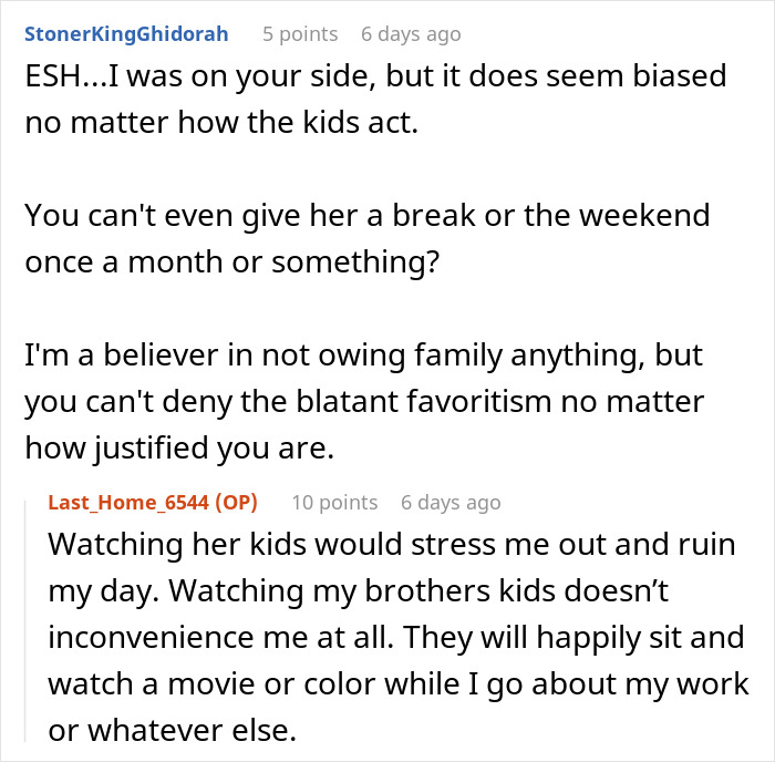 Online discussion about babysitting preferences and family bias.