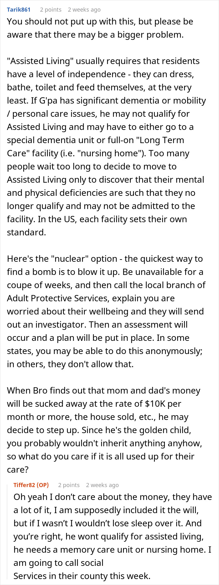 Discussion about assisted living and care options for a father with dementia.