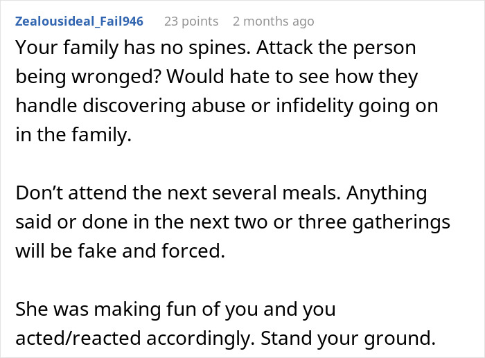 Text post discussing family dynamics, conflict over food, and standing ground in a family disagreement.