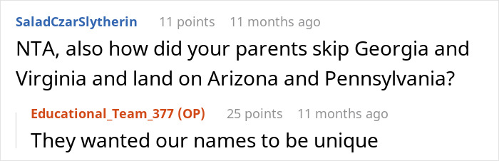Reddit discussion about unique name choices in a comment thread.