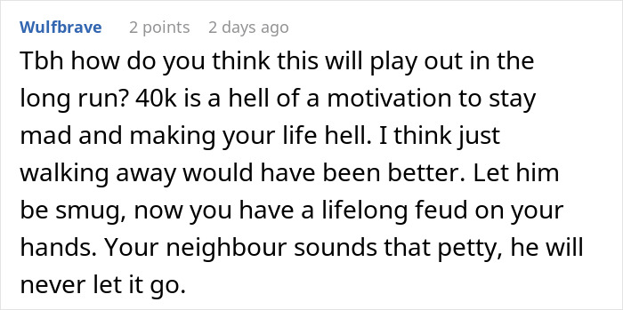 Comment about a neighbor dispute over an illegal shed and $40K loss.