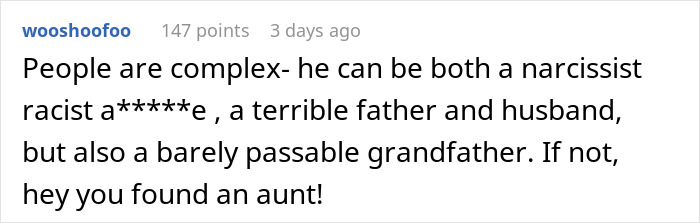 Screenshot of a comment discussing the complexity of a grandfather&rsquo;s character and family relationships.