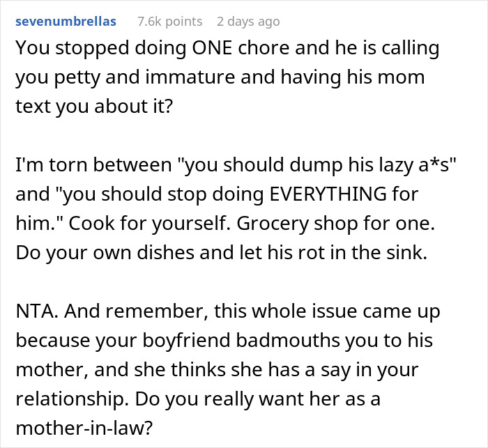 Text comment discussing a lazy boyfriend, chores, and his mom's involvement. Text comment discussing a lazy boyfriend, chores, and his mom's involvement.