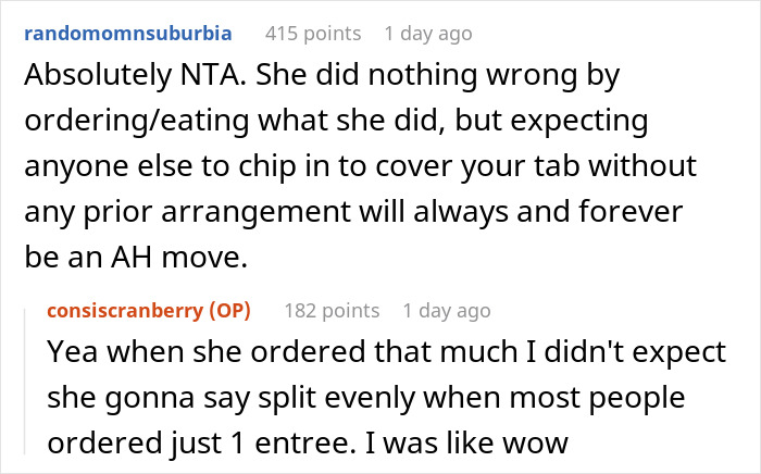 Text exchange discussing a lady ordering half the menu and expecting to split the bill evenly, causing surprise. Text exchange discussing a lady ordering half the menu and expecting to split the bill evenly, causing surprise.