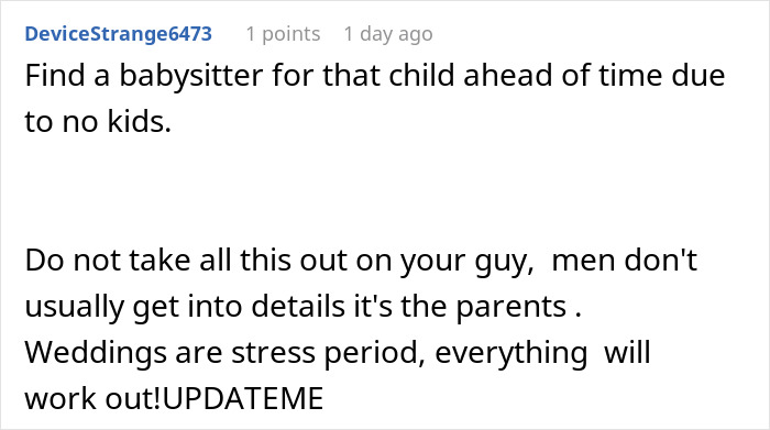 Comment discussing wedding stress and advice, addressing concerns over planning and managing family expectations.