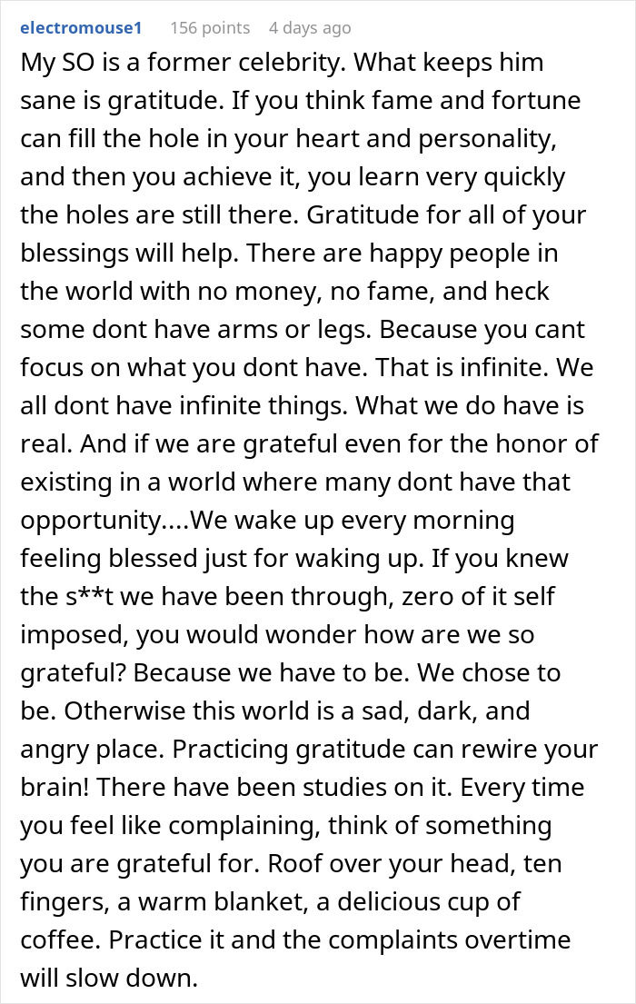 Text excerpt discussing a former celebrity's confession about gratitude and coping with life's challenges.