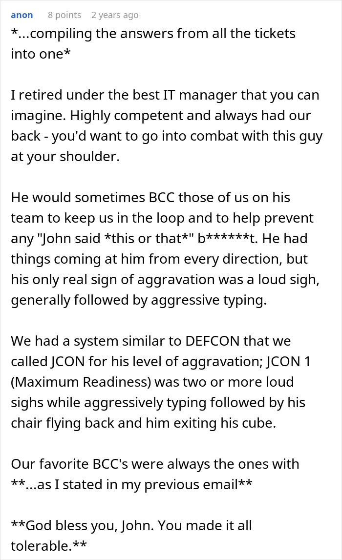 Text about a rude client's request and IT manager's response, emphasizing ticket escalation and managerial support.