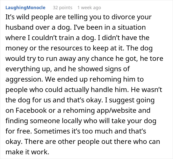 Text discussing untrainable rescue dog and advice on rehoming for concerned couple. Text discussing untrainable rescue dog and advice on rehoming for concerned couple.