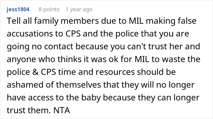 Reddit comment discussing false CPS claims and family drama involving in-laws and trust issues.