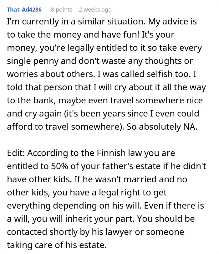 Comment discussing inheritance rights and keeping money from parents' estate under Finnish law.