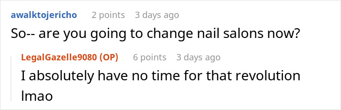 Reddit comment thread discussing nail salon prices.